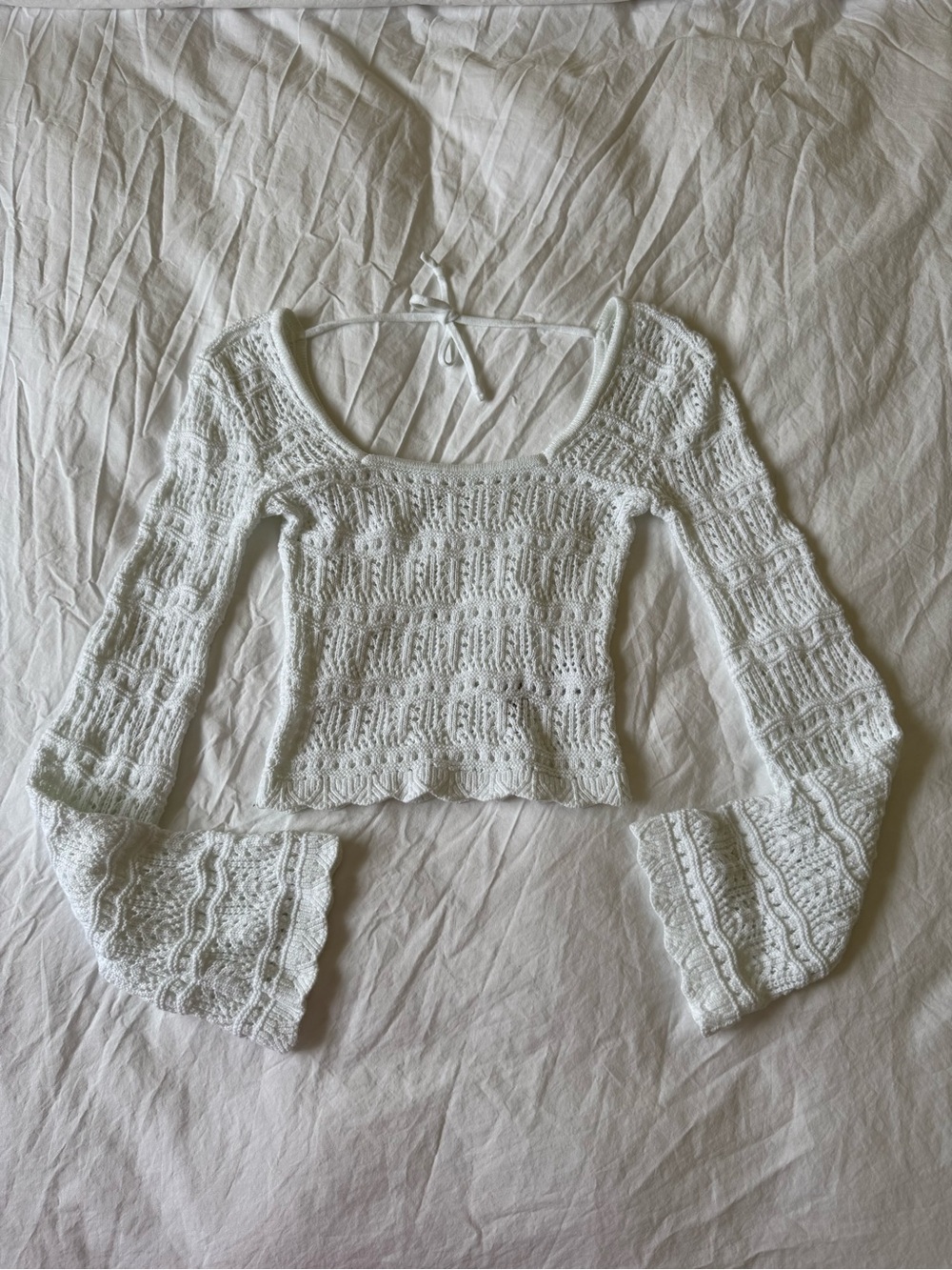 Hollister Long-Sleeve Square-Neck Crochet Sweater - White